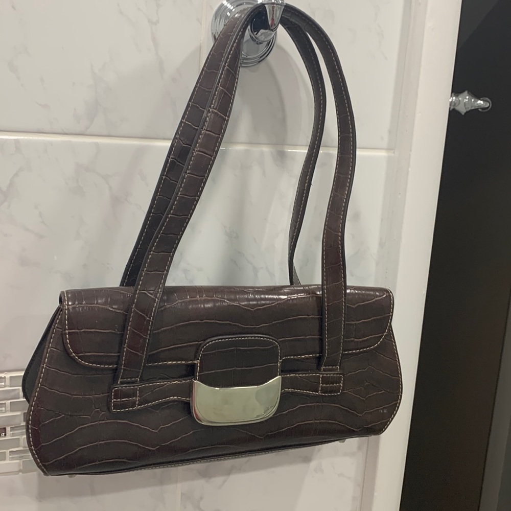 Apt. 9 Dark Brown Croc-Embossed Shoulder Bag with Silver Hardware